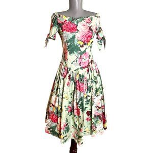 Vtg 80s Expo Preteen Floral Cottagecore Off Shoulder Cotton Dress USA Girl’s L